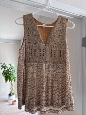 Crochet Detail Beige-Tan Sleeveless Top